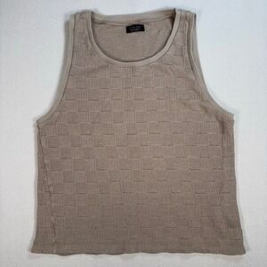 Zara Man Linen-Cotton Weave Tank Top Men's L Beige‎ Texture Geometric Check